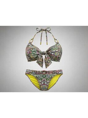 Jessica Simpson Ruffle Halter Bikini Set With Chevron & Floral Print XL